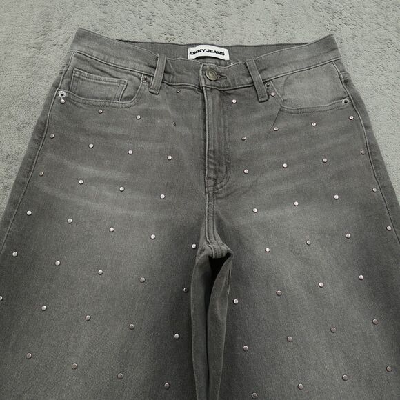 DKNY Jeans Women's Size 27 Gray High-Rise Wide-Leg Denim 31" Inseam Embellished - Picture 13 of 16